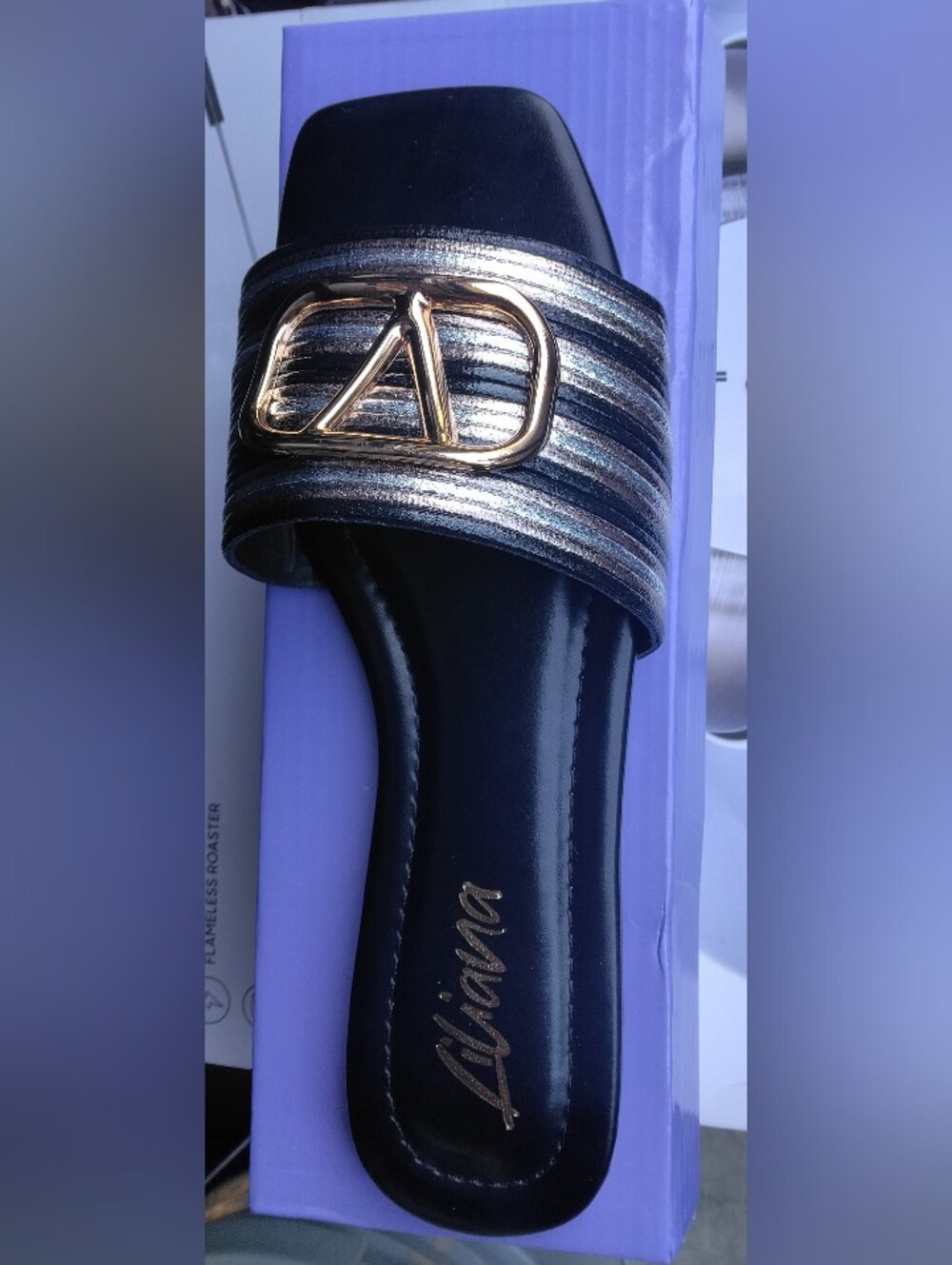 Liliana Black Slide Sandal with Metallic Striped Strap and Gold Logo Size 8 New